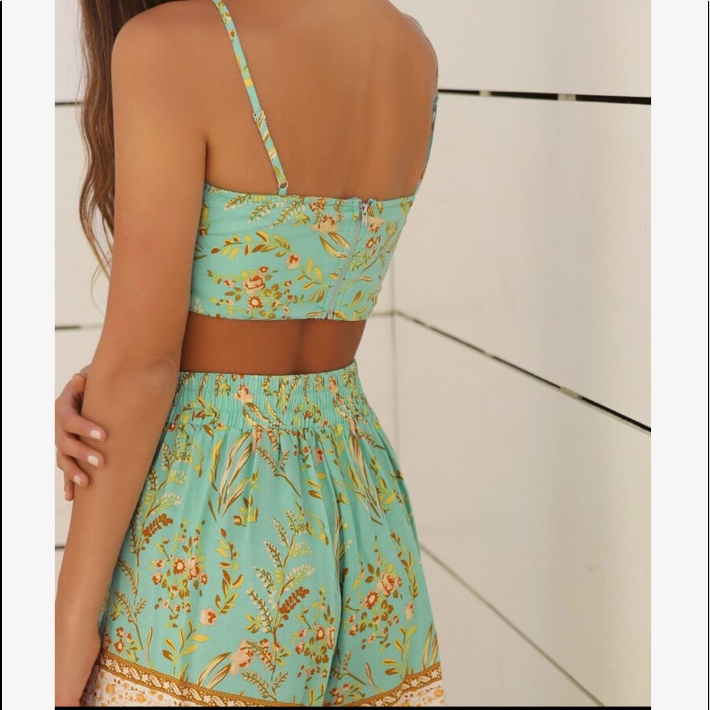 Boho Bohemian Tropical Floral Print Cami Top Kimono CoverUp Shorts Set Green - Picture 4 of 6